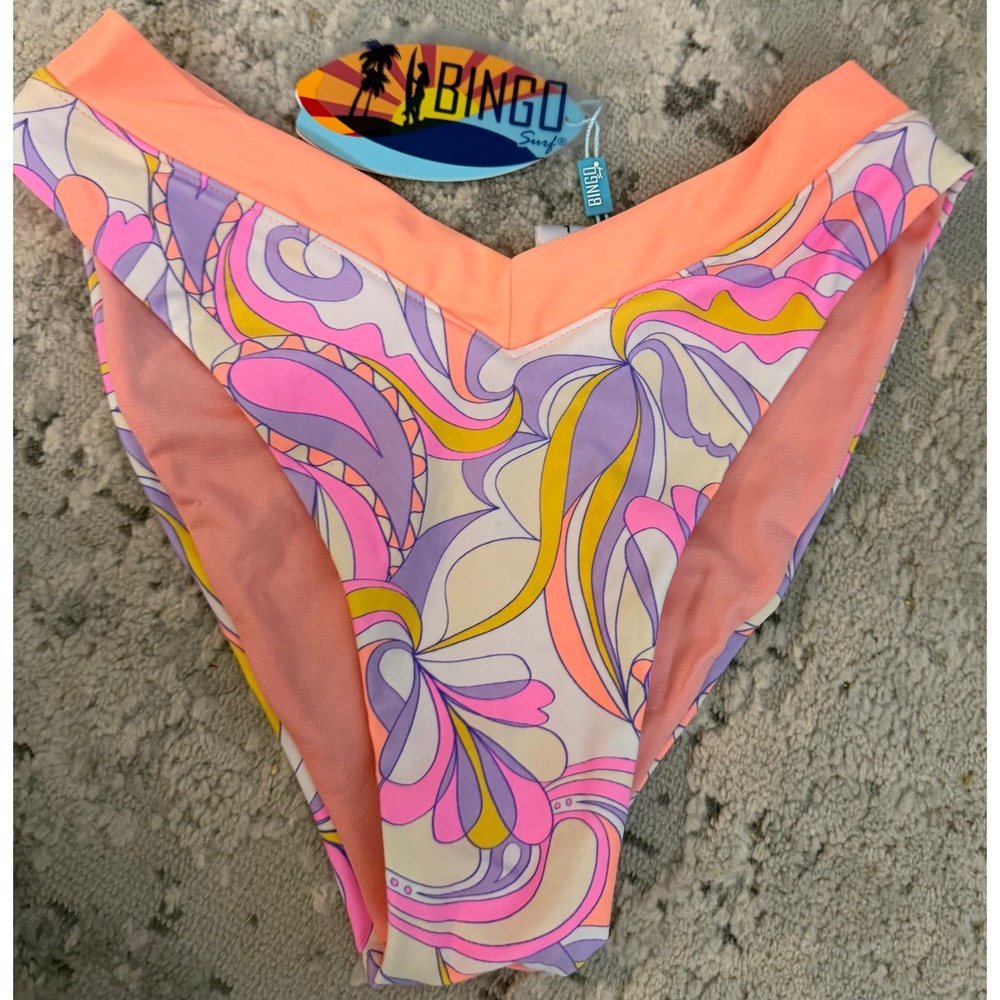 Bingo Surf Utopia High Leg V-Bottom Bikini Bottoms Retro Swirl Orange‎ Purple L